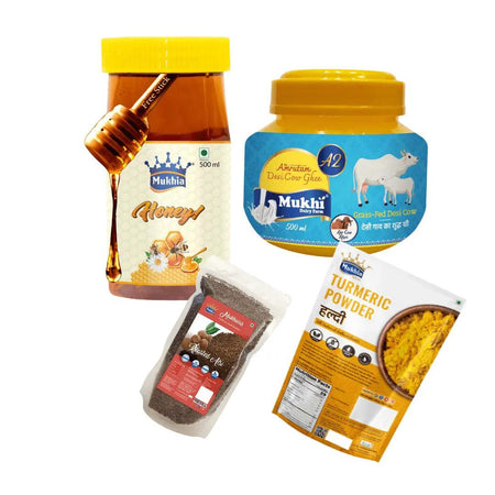 MUKHIA Healthy Combo Pack A2 Desi Gir Cow Ghee with Mukhia Natural Honey,  Roasted Alsi, Organic Haldi 800gm & Free Honey Stick (Immunity Kit) - Mukhi Dairy Farm