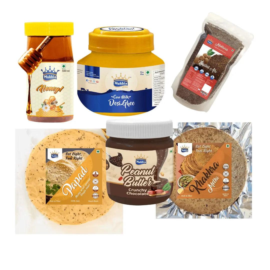 mukhia-products-more-combo-mukhia-ghee-500ml-honey-500gm-khakhra-methi-200gm-papad-200gm-roasted-alsi-mukhwas-peanut-butter-chocolate-350gm