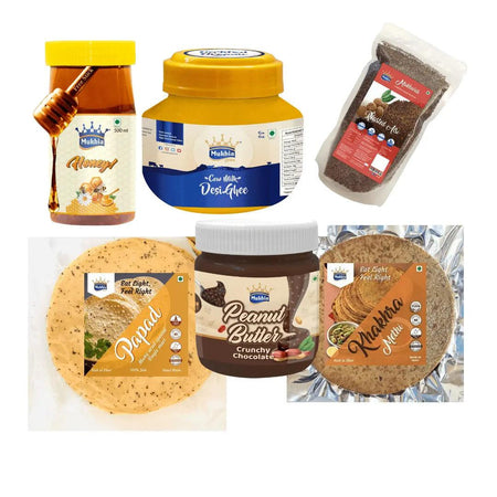 mukhia-products-more-combo-mukhia-ghee-500ml-honey-500gm-khakhra-methi-200gm-papad-200gm-roasted-alsi-mukhwas-peanut-butter-chocolate-350gm