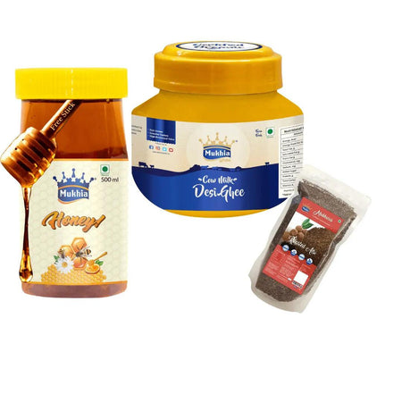 Mukhia Honey 500 ml+ Mukhia Organic Ghee500ml + Mukhwas Roasted Alsi + Free Honey Stick - Mukhi Dairy Farm