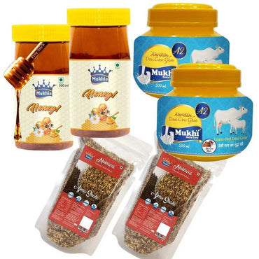 Mukhia Honey 500ml Pack of 2 + Mukhia Amrutam A2 Ghee 500ml Pack of 2 + Mukhwas Ajma Shahi  Pack of 2 + Free Honey Stick - Mukhi Dairy Farm