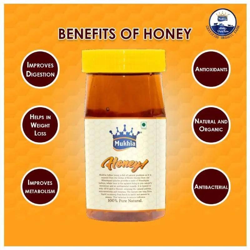 Mukhia Honey 500ml Pack of 2 + Mukhia Amrutam A2 Ghee 500ml Pack of 2 + Mukhwas Ajma Shahi  Pack of 2 + Free Honey Stick - Mukhi Dairy Farm