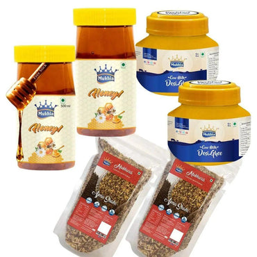 Mukhia Honey Pack of 2 + Mukhia Ghee 500ml Pack of 2+ Mukhwas Ajma Shahi Pack of 2 with free Honey Stick - Mukhi Dairy Farm